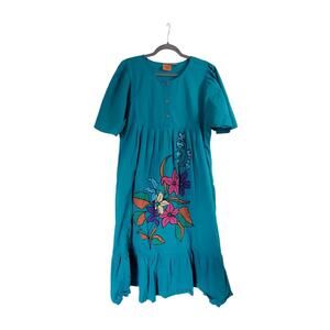 Sea Wind Vintage 80s Embroidered Floral Teal Green Cotton Midi Dress, Size Large